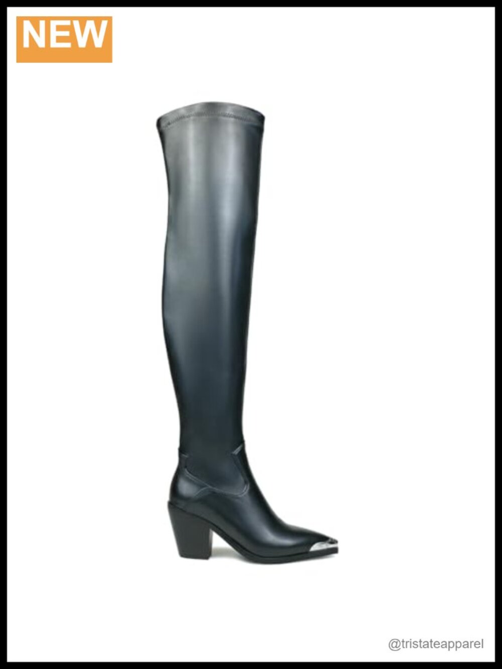 Faux Leather Pointed Toe Thigh High Boots Chunky Heel Side Zipper Stretch